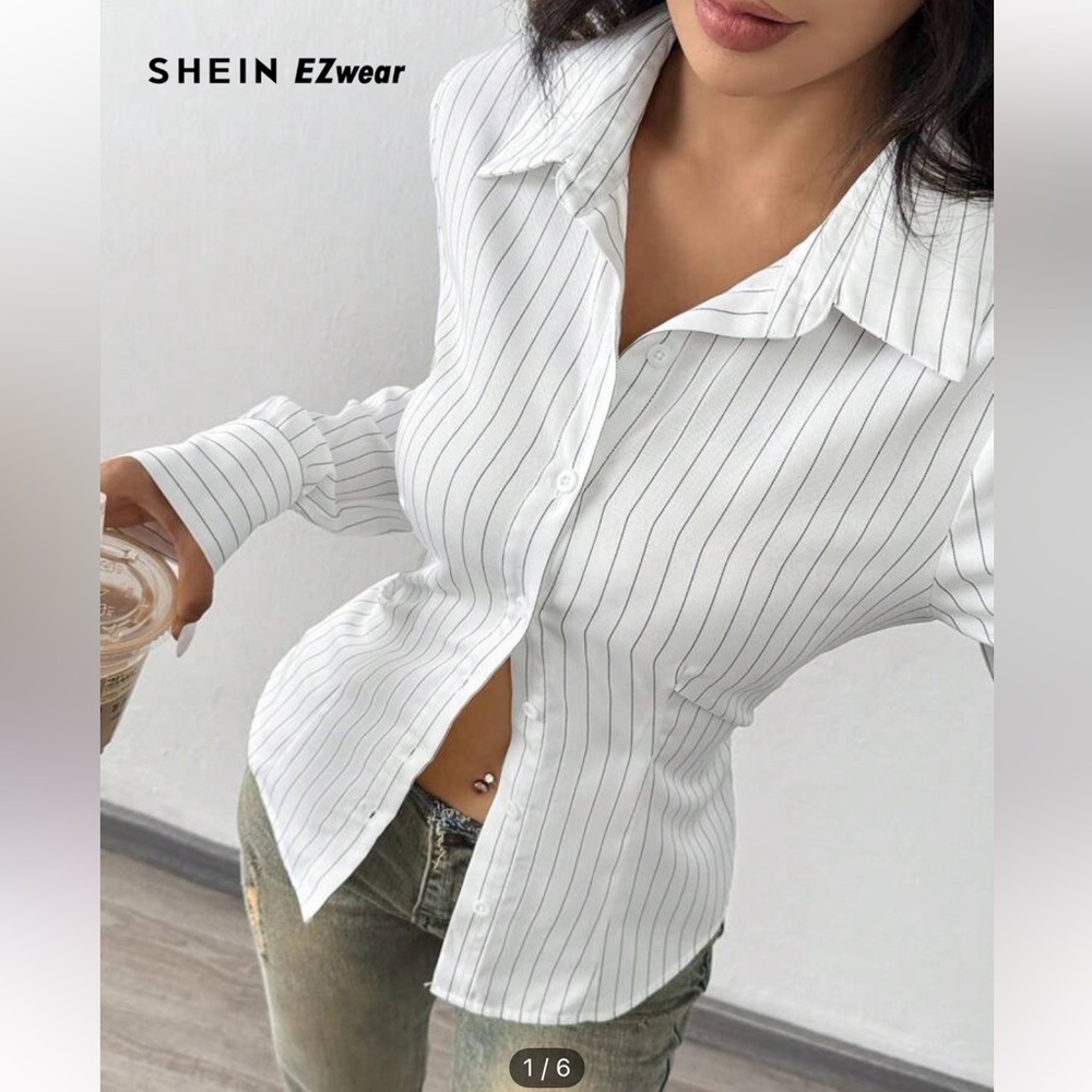 SHEIN White Striped Button-Down Shirt
